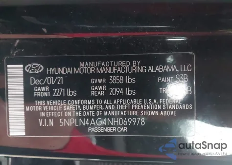 2022 Hyundai Elantra Sel z USA, uszkodzony, nr VIN 5NPLN4AG4NH069978